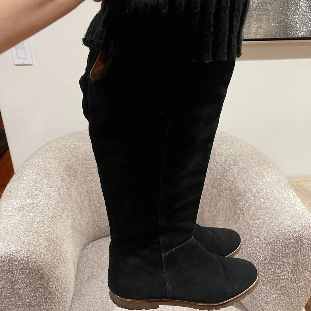 Corso Como Black Suede Leather Knee High Over Knee Zip Flat Boots
